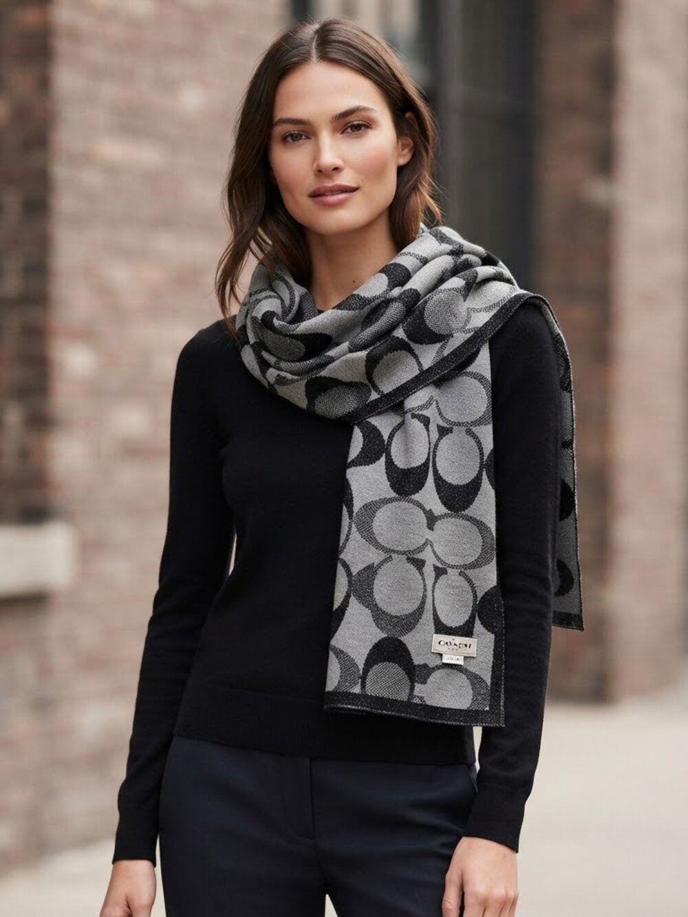 Coach Black Wool Tonal C Logo Knit Scarf Wrap
